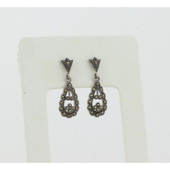Sterling Silver Marcasite Scallop Design Earrings Dangle Drop 1 1/4" x 3/8" - Picture 5 of 7